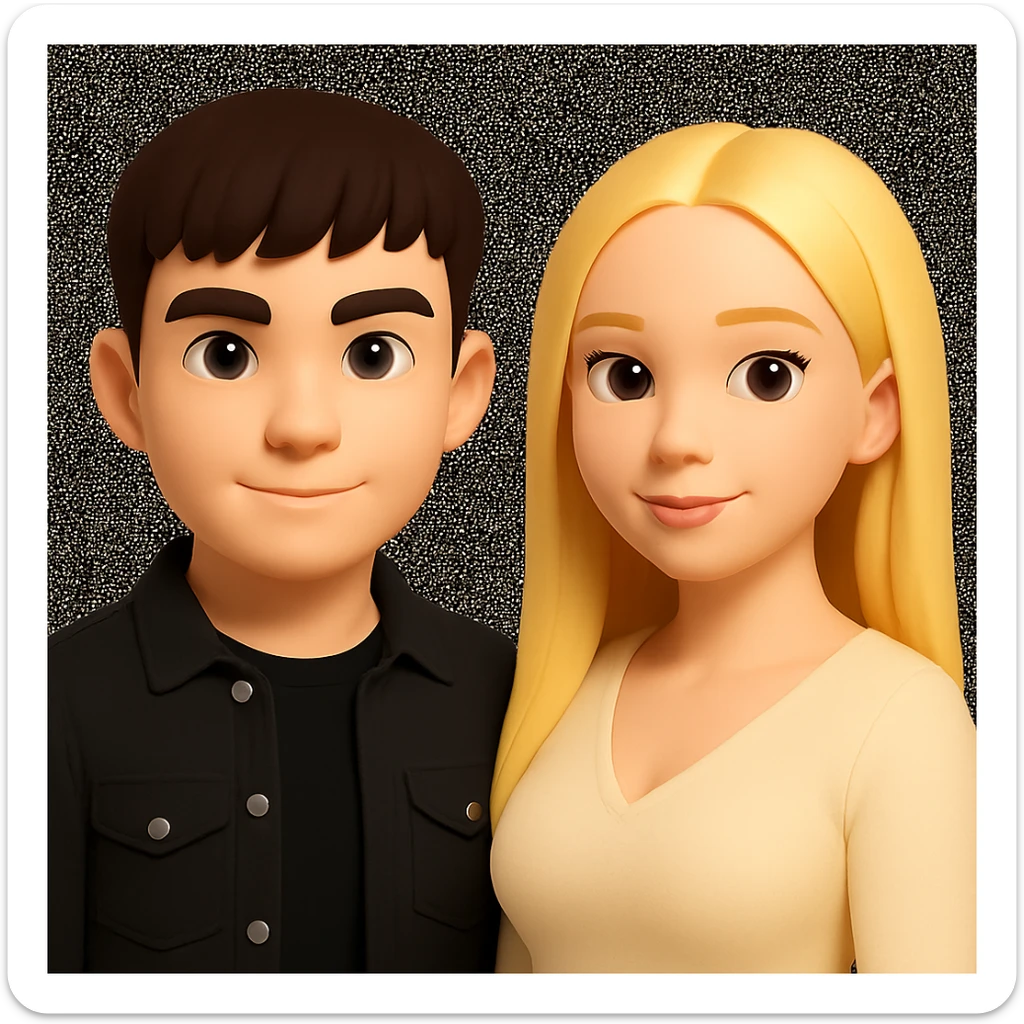 Slightly increase the volume of the upper body of the girl, separate the girl and the boy from each other, make the skin color the same for both characters, while preserving the cartoonish 3D style as shown in the reference image. sticker