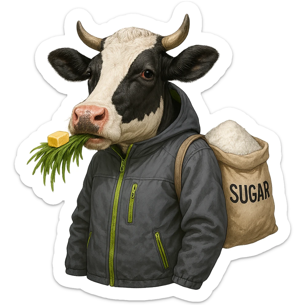 a cow wearing a gray jacket with neon green accents, eating grass with butter, carrying a bag filled with white sugar sticker