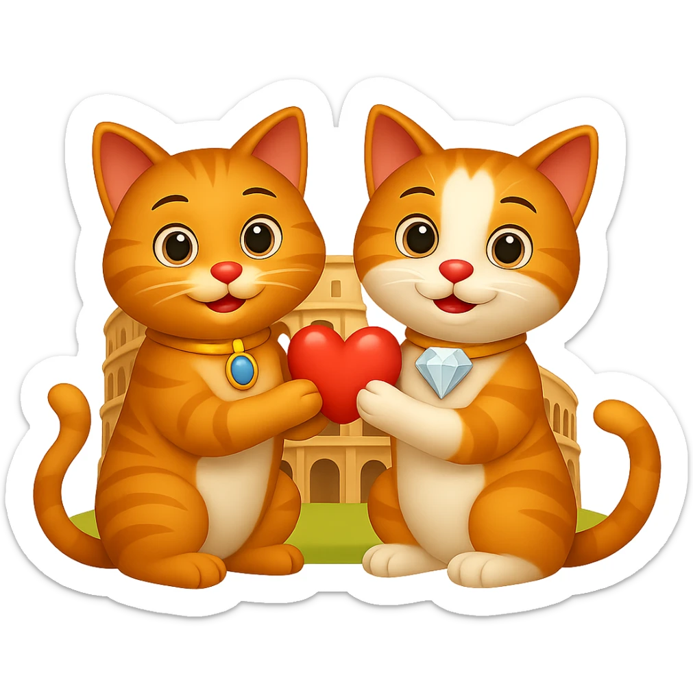 Add a big diamond on the collar of one of the happy cats. Keep the Colosseum in the background. The style should resemble emoji style with a transparent background. sticker