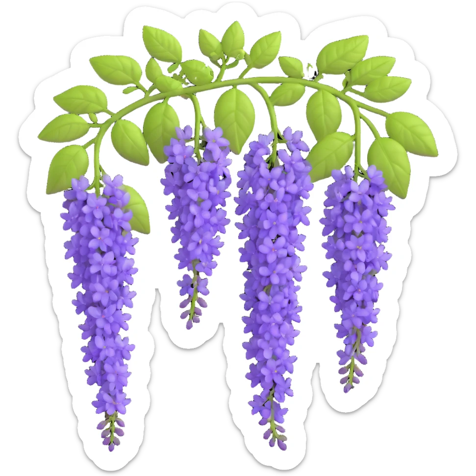 Realistic hanging wisteria racemes with detailed grape-like clusters of lavender flowers cascading downward, accompanied by light green compound leaves sticker