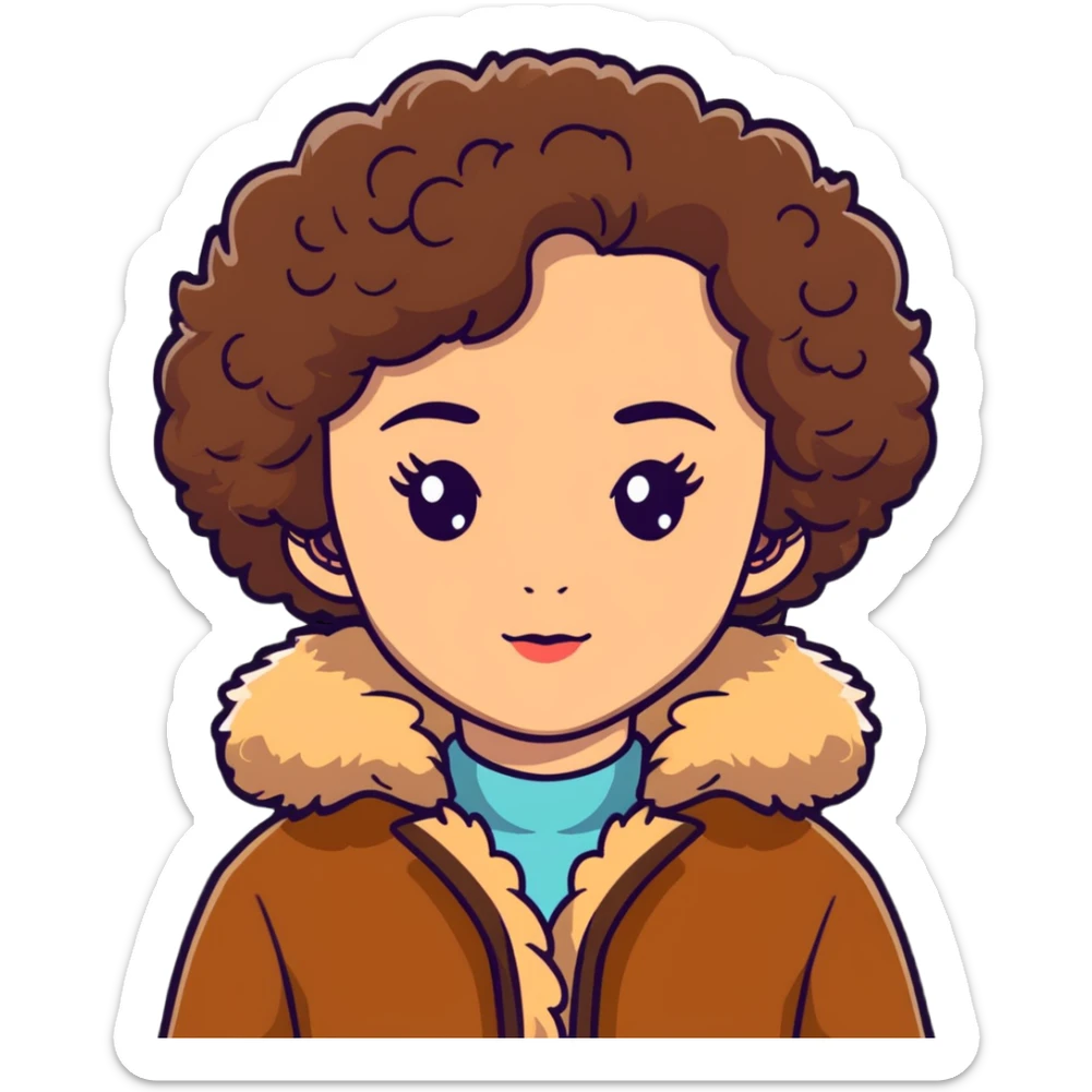 Caucasian girl with short curly light Brown hair and hazel eyes in fur-coat sticker