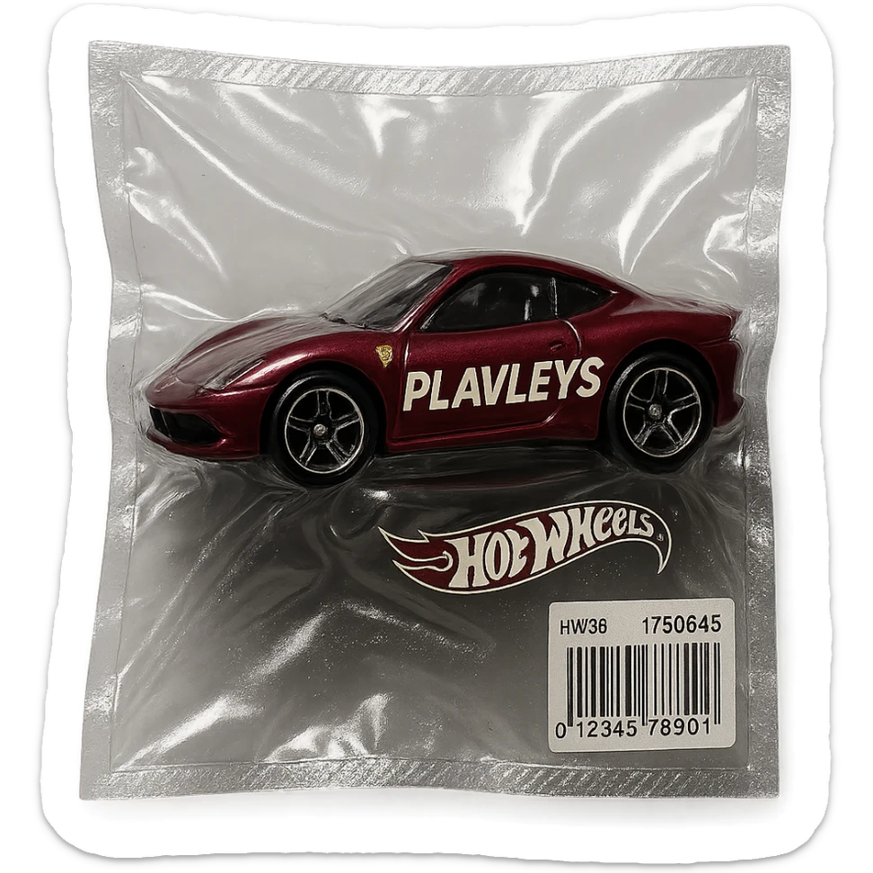 burgundy Hot Wheels toy car Ferrari with the word 'PLAVLEYS' written on the side, glossy and puffy, vacuum-sealed style sticker