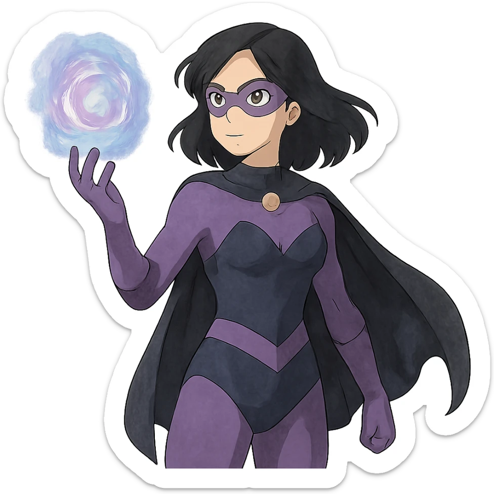 ghibli style superhero woman with soft purple and black costume, magical aura around her hand sticker