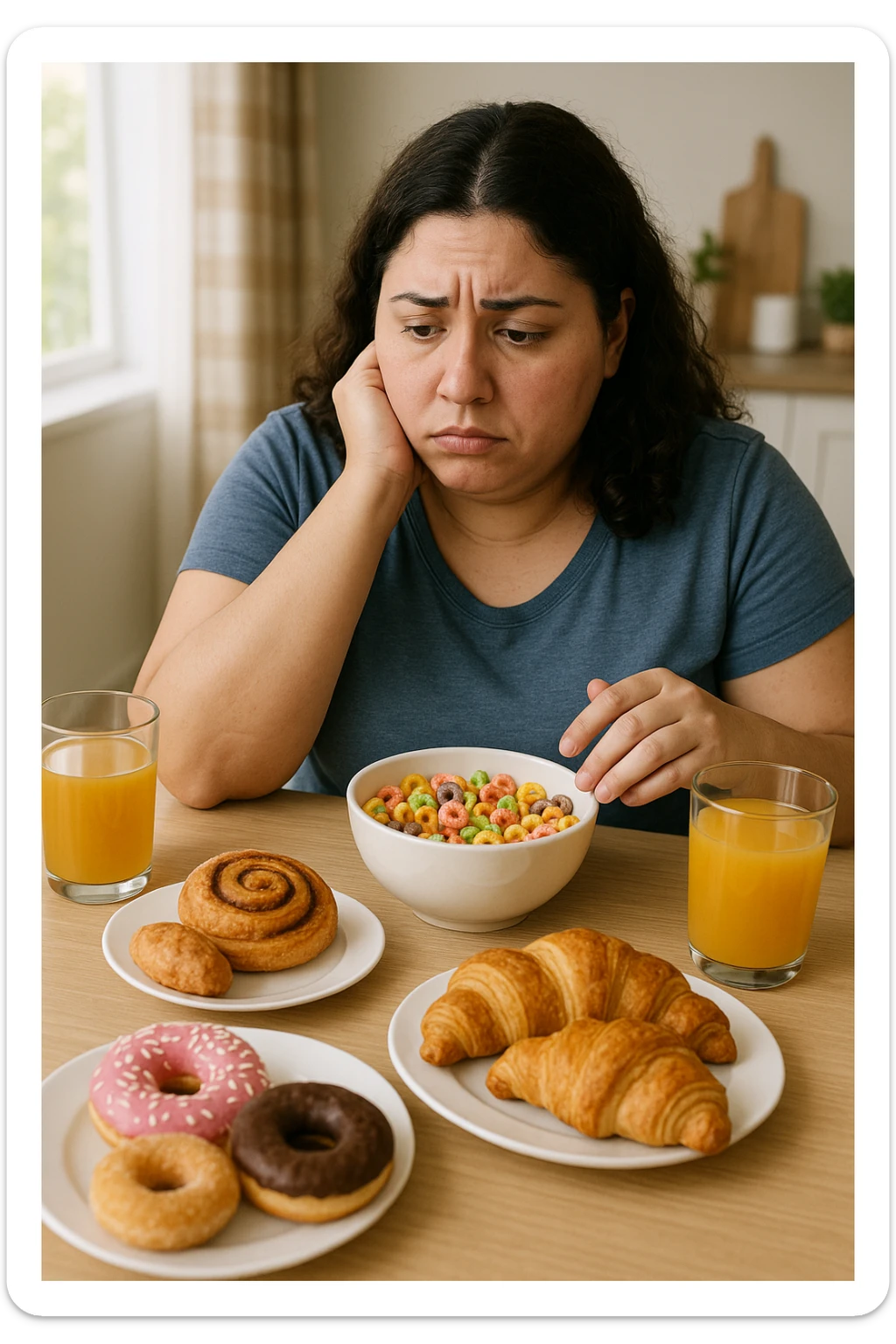 Donna con pcos, con colazione sbilanciata ricca di zuccheri e con poche proteine sticker