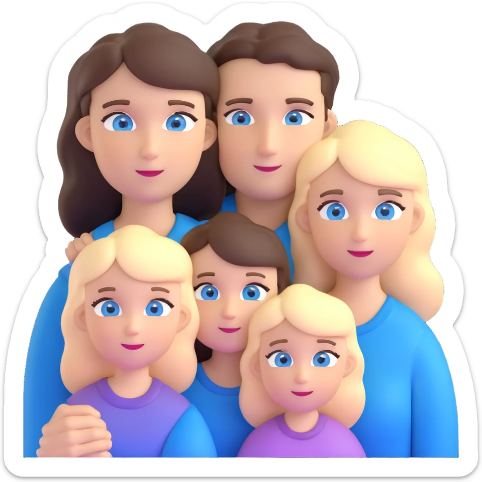 Family portrait with father with dark brown hair and blue eyes, mother with light brown hair and blue eyes, three blonde little girls with blue eyes sticker