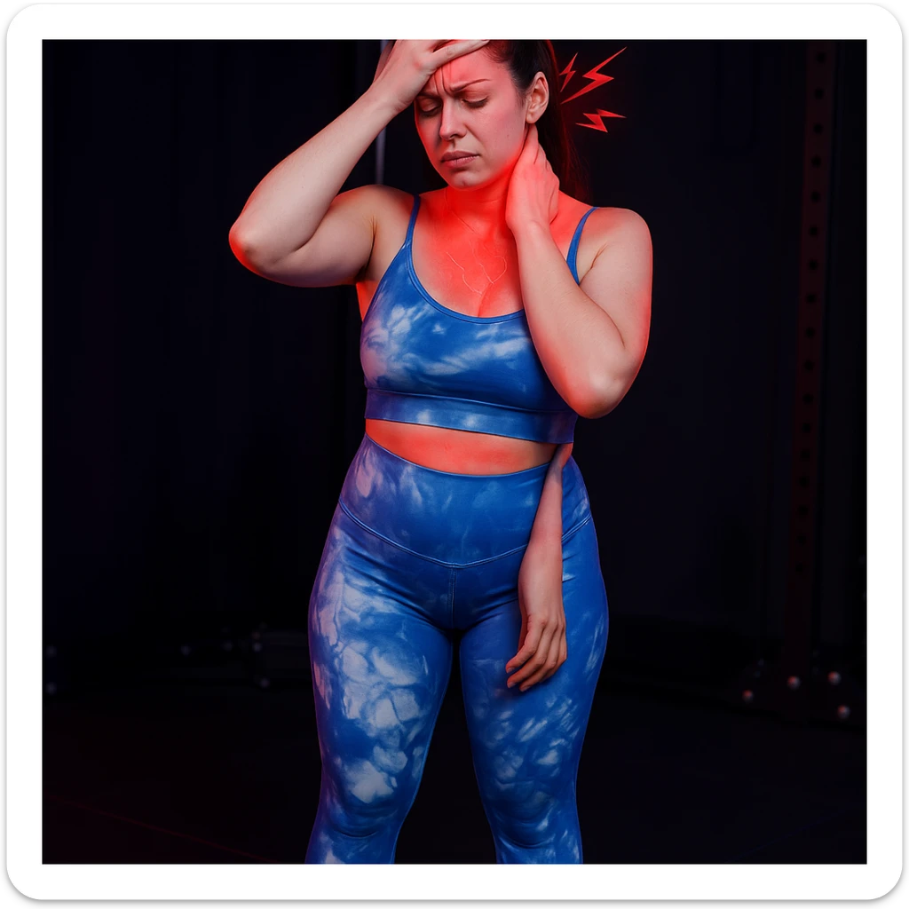 Realistic style edit of the girl identical to the photo with one hand on the forehead and one on the neck, expression of headache and cervical pain. Pain symbols like redness and lightning on neck and head. sticker