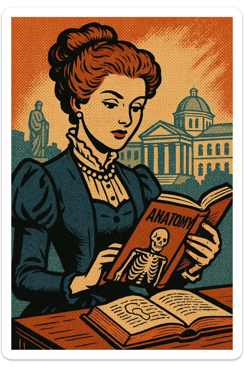 A young wealthy victorian women reading a  book about human anatomy in a university sticker