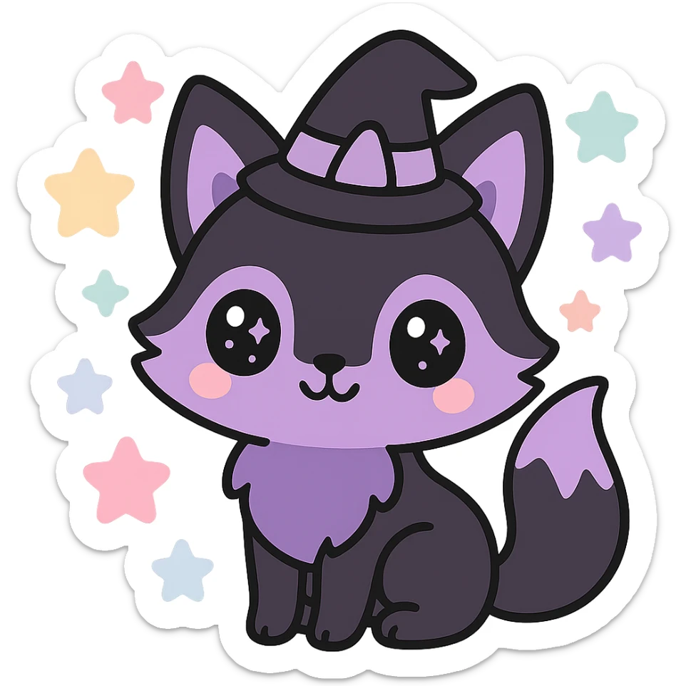 kawaii style magical gothic fox, cute face, black and purple fur, sparkling eyes, wearing a tiny witch hat, surrounded by pastel stars, enchanting and playful sticker
