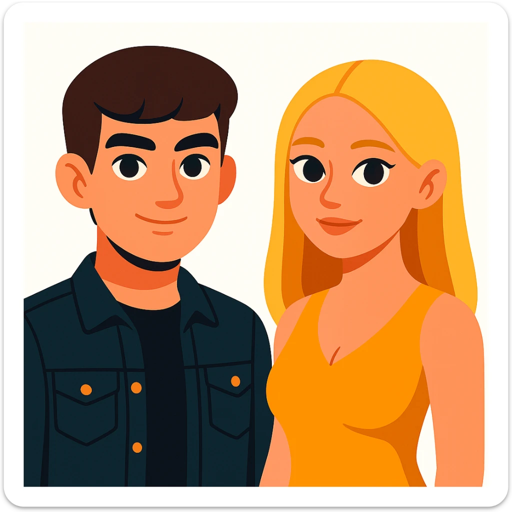 Slightly increase the volume of the upper body of the girl, separate the girl and the boy from each other, make the skin color the same for both. Keep the cartoon style with a white background. sticker