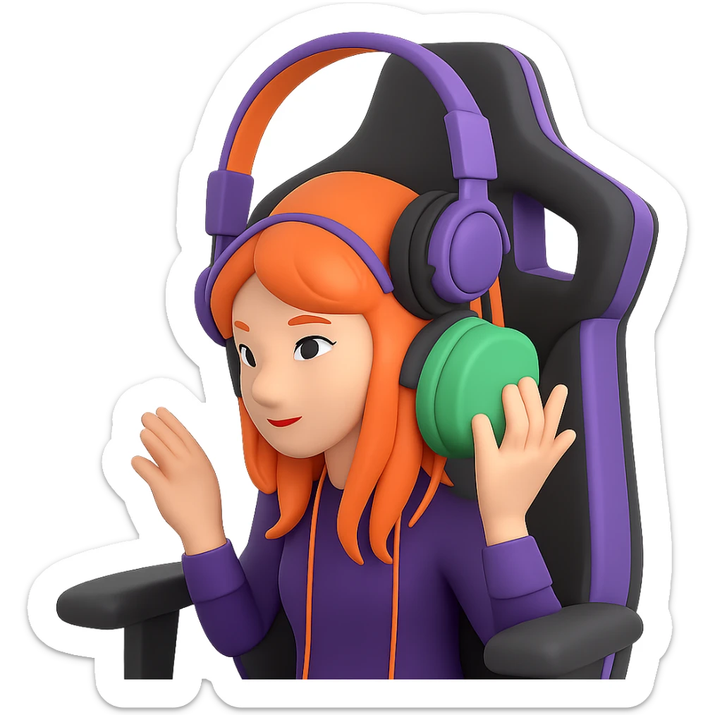 Add a gaming chair behind the streamer with headphones in the style of microsoft style 3d fluent emojis. Keep the 3D emoji style look and no background. sticker