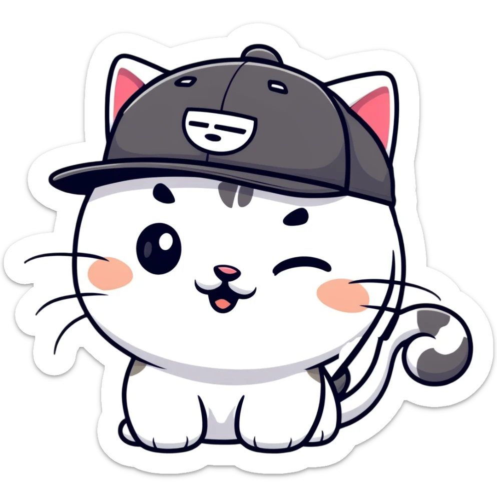 close-up of cat's face with one eye completely closed in an obvious wink, other eye open, wearing black snapback cap, black sunglasses positioned low on nose so cat is peeking over them, mischievous expression sticker