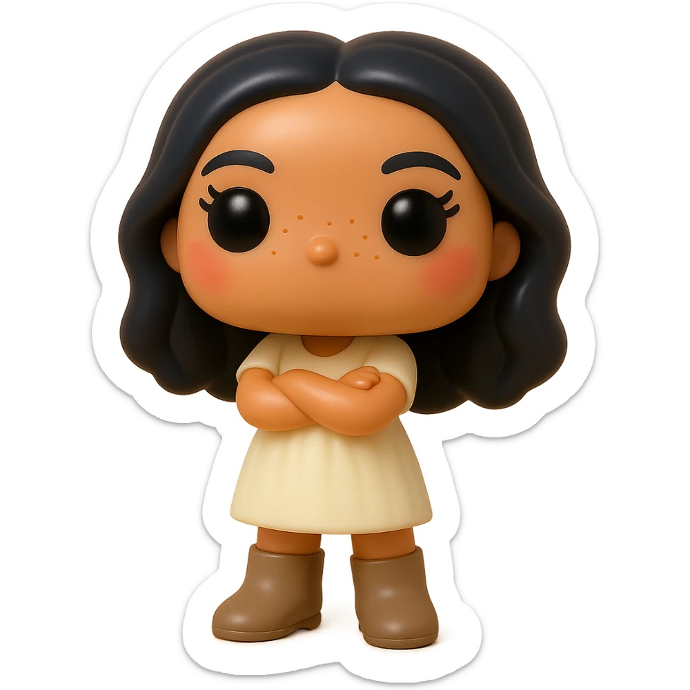 Enhance the Funko Pop style vinyl figure with superior quality, smooth tanned skin, detailed dark hair, textured feminine cream dress, greige leather boots clearly visible, arms crossed, rosy cheeks, very discreet freckles, eyelashes, mischievous and cheerful expression, no mouth, transparent background. sticker