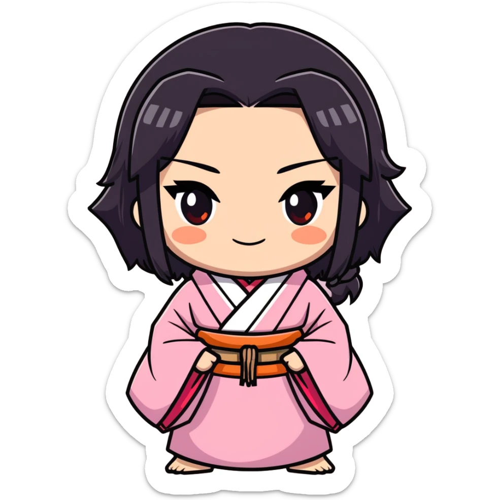 Nezuko Kamado from Demon Slayer, cute cartoonish sticker style, pink kimono, bamboo muzzle, long black hair with orange tips, big expressive eyes, chibi style sticker