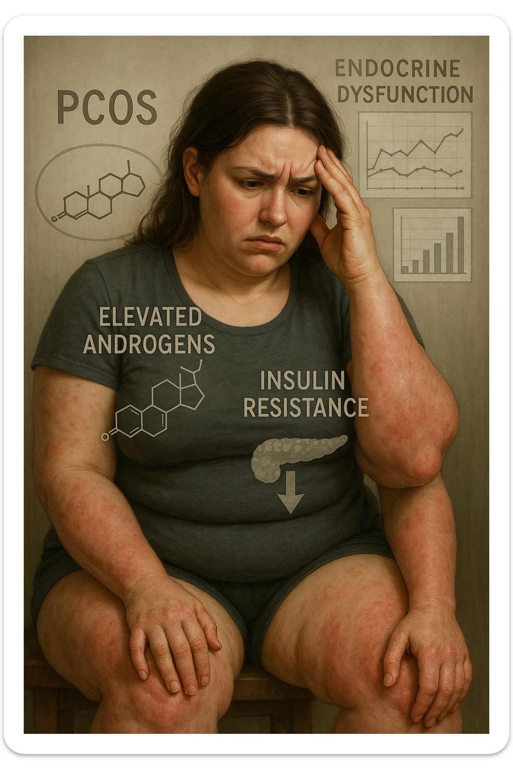 cinematic realistic in italiano Woman with PCOS struggling with hormonal chaos, transparent overlay showing elevated androgens and insulin resistance affecting her body, lipedema causing disproportionate fat accumulation in legs and arms despite normal torso, expression of frustration with unexplained weight gain, medical charts showing complex endocrine dysfunction, painful swollen limbs contrasting with metabolic confusion scrivi in italiano sticker