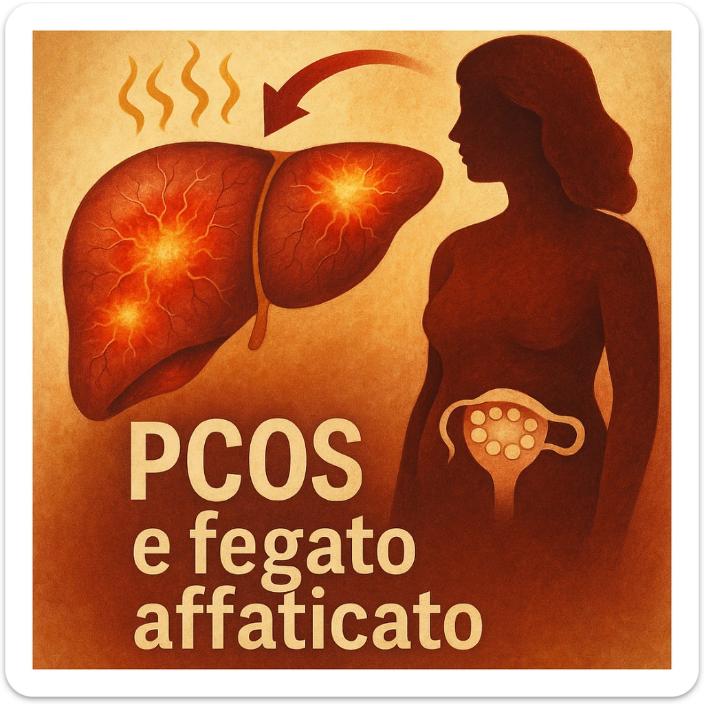 symbolic scene, close-up of stylized liver with inflamed areas and stress signs, next to silhouette of a woman with PCOS, Italian text: 'PCOS e fegato affaticato', warm colors, realistic details, 4K quality sticker