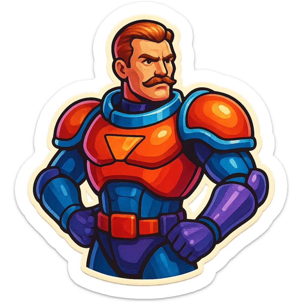 Scarlet Duke from the future, retro sticker style, bold outlines, vibrant colors, sci-fi armor, confident pose sticker