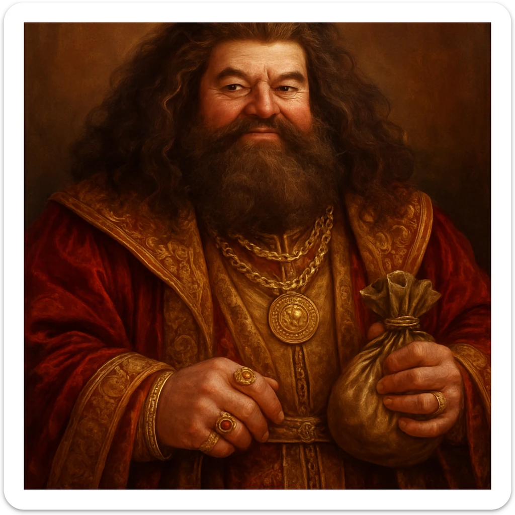 Hagrid from Harry Potter depicted as wealthy, wearing luxurious robes, gold jewelry, and holding a money bag, detailed, rich colors, fantasy style sticker