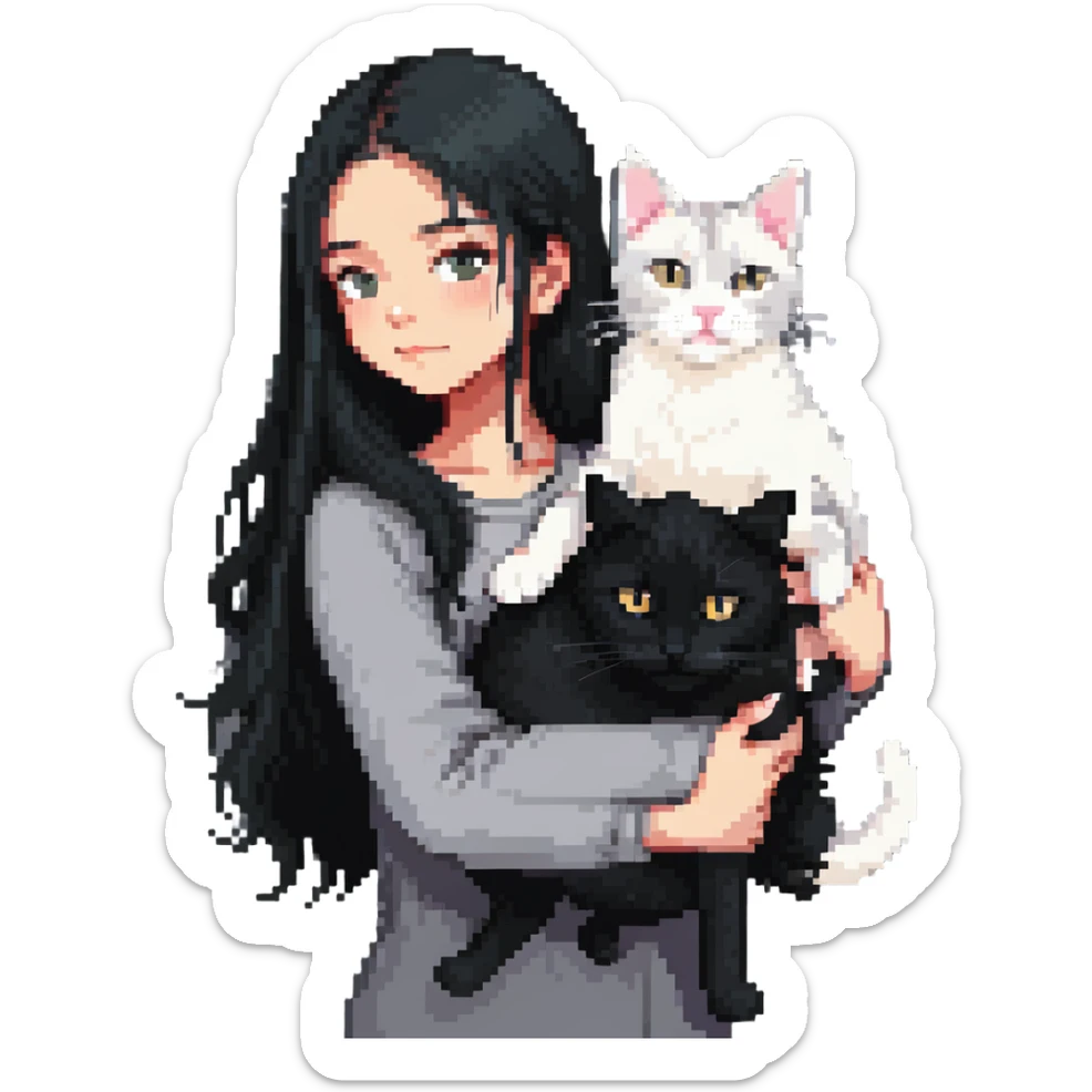 Beautiful girl with long black hair hugs a gray and blond mixed breed cat sticker