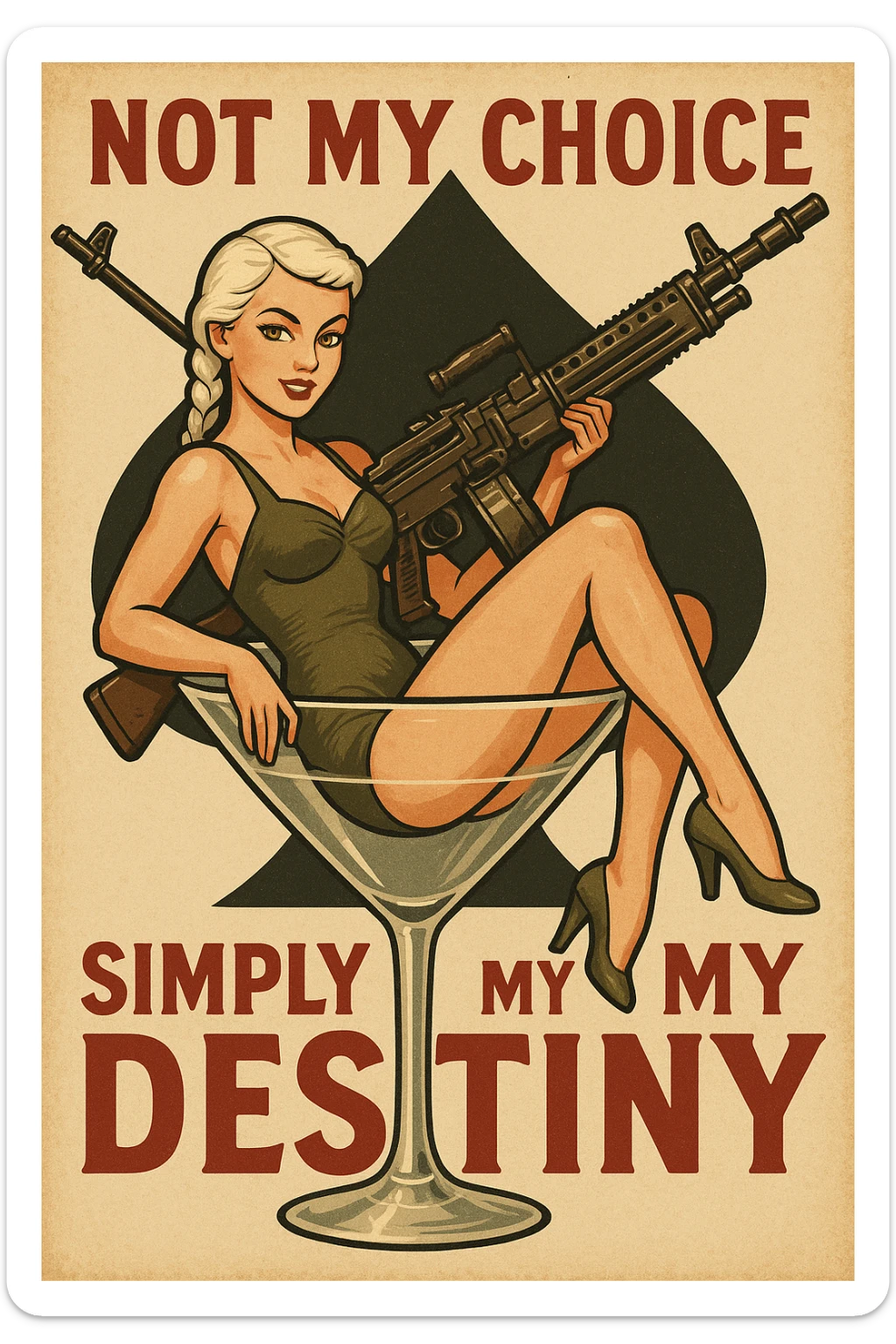 a retro military pinup " not my choice, simply my destiny "
; female figure young,gorgeous, white hair 1 braid, gold yellow eyes, sitting in a martini glass with a massive LMG in a swimsuit in front of a large 'spade' that frames the design sticker