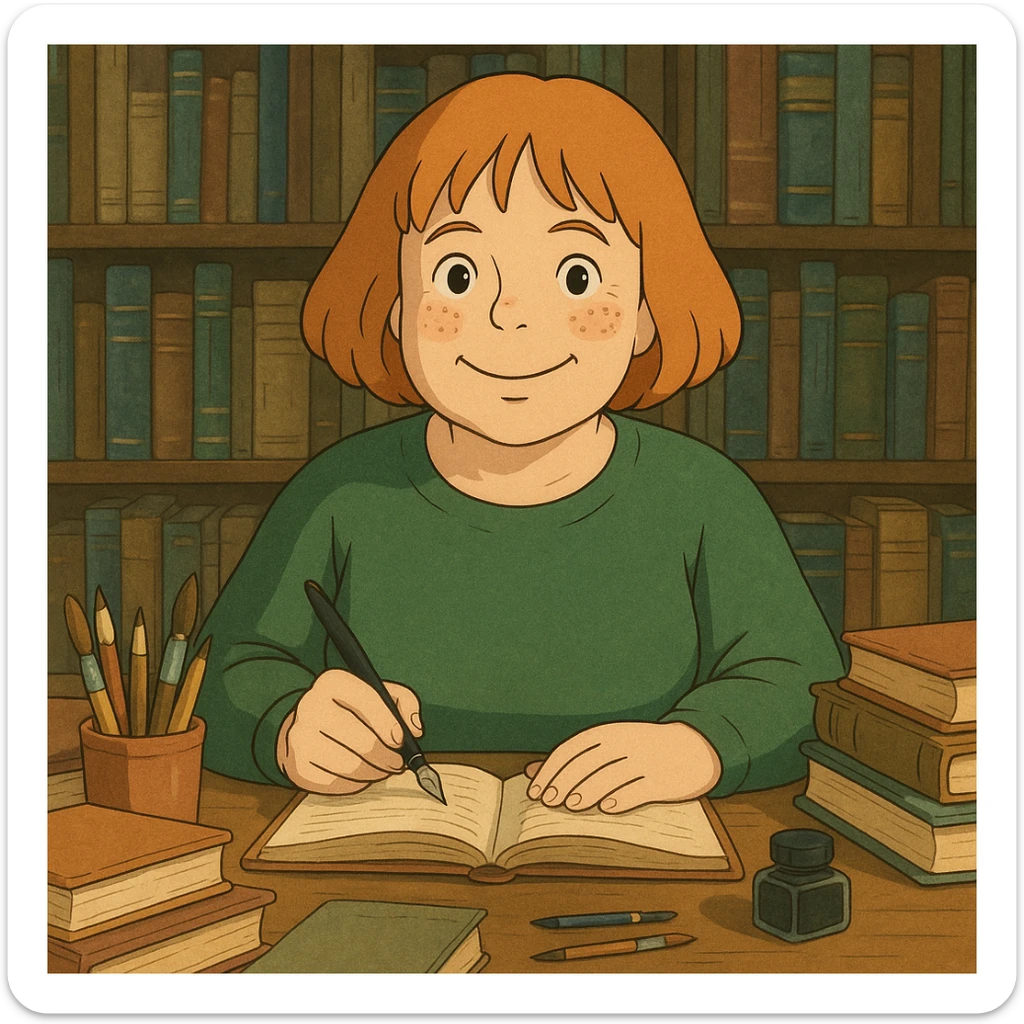 light-skinned female author in her forties, strawberry blonde hair in a page cut, round face, freckles, smiling, surrounded by books and art supplies sticker