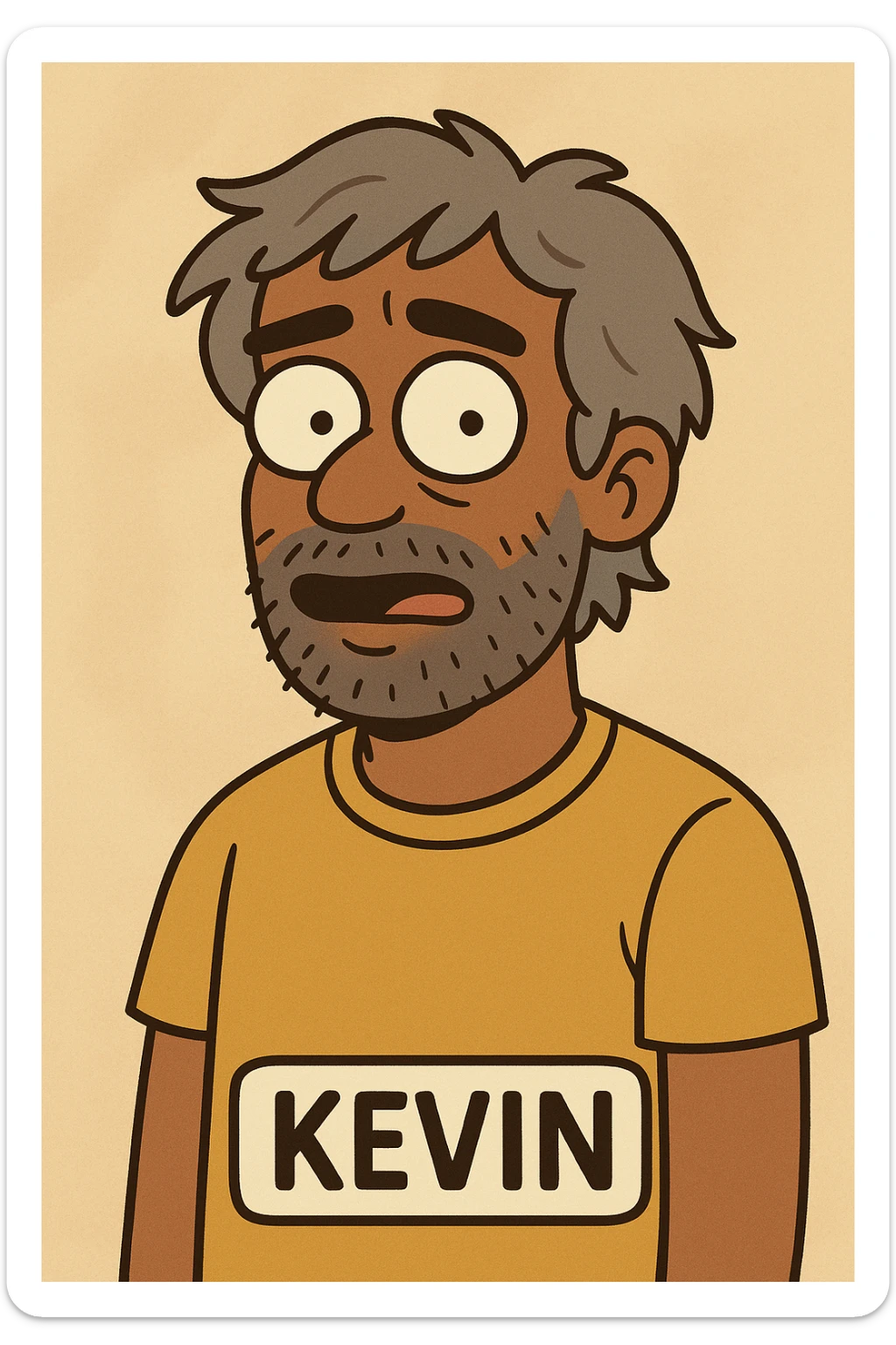 cartoon face of Kevin inspired by the reference image, gray hair, brown skin, scruffy beard sticker