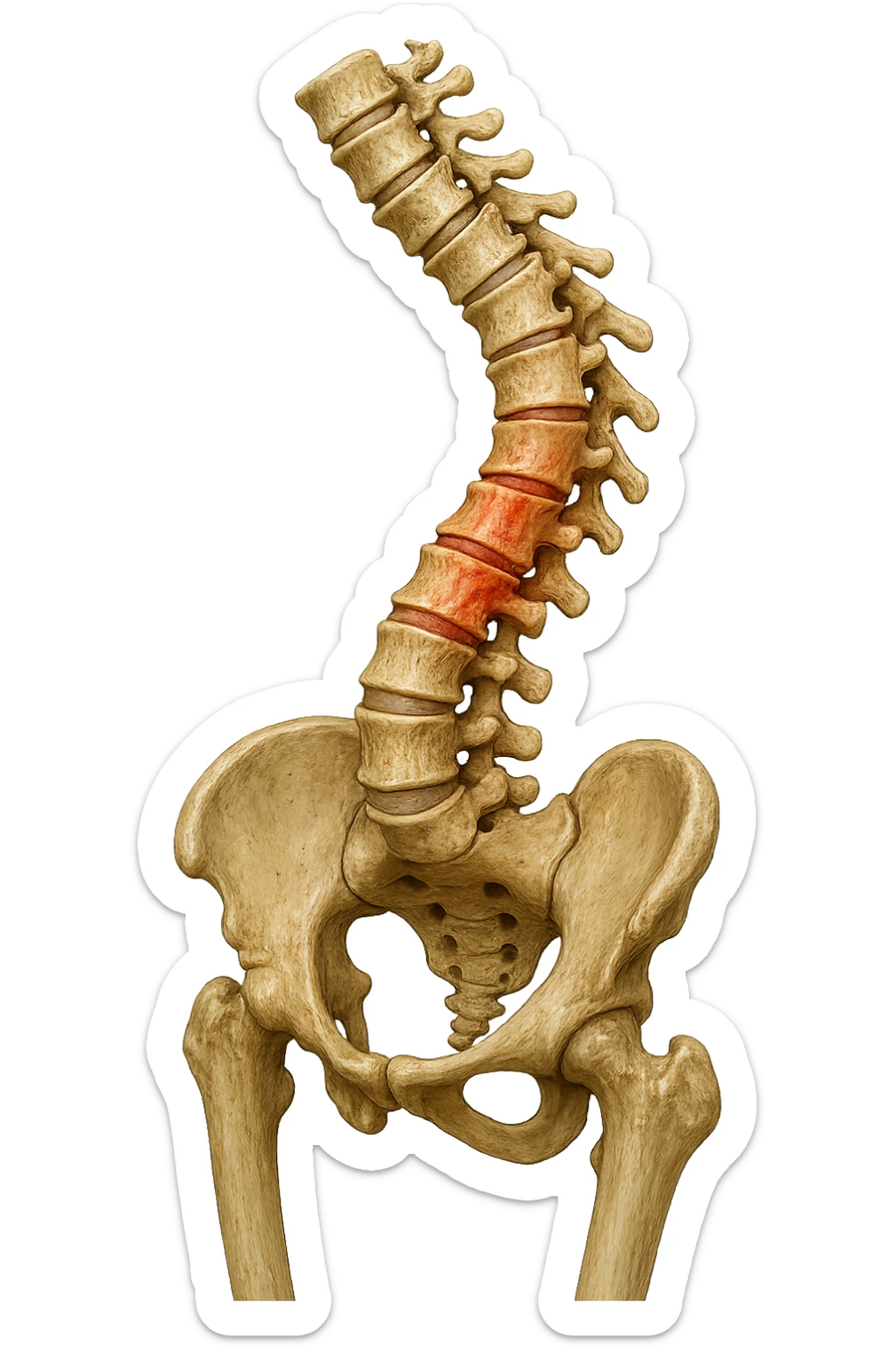 SPINA DORSALE STORTA E INFIAMMATA CON BACINO UMANO ANATOMICO REALISTICO INCLINATO, iperrealistica 4k sticker