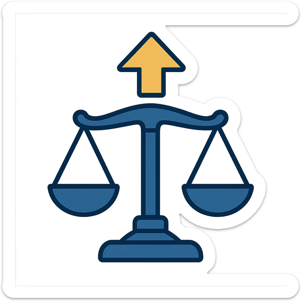 modern minimalist icon for advocacy consulting firm, balanced scales of justice with gold upward arrow, navy blue white gold, conveys trust authority progress sticker
