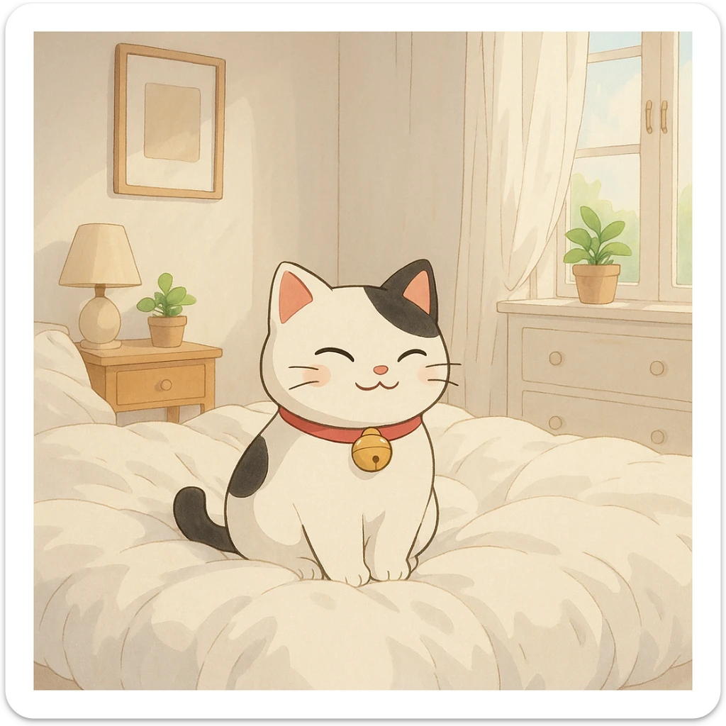 White and black Chinese lucky cat in a cozy on a soft puffy white duvet covered bed in bright white and clean girl aesthetic bedroom, kawaii  sticker