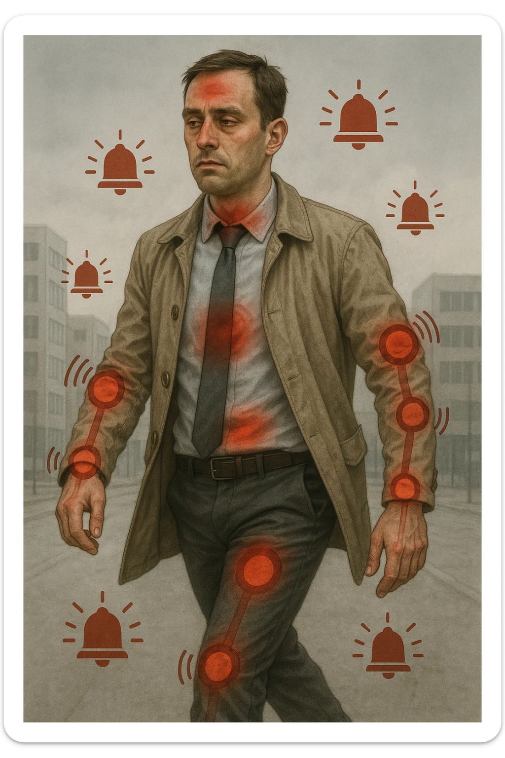 Uomo di circa 35 anni in giacca e cravatta, cammina deciso mentre il suo corpo invia segnali visibili: zone arrossate su addome, testa e articolazioni, occhi stanchi, pelle spenta. Intorno a lui appaiono simboli di allarme (come piccole icone rosse di dolore o stanchezza), ma lui guarda altrove con espressione indifferente o distratta. Sfondo urbano, giornata grigia, atmosfera di disconnessione mente-corpo. Stile realistico con accenti metaforici. sticker