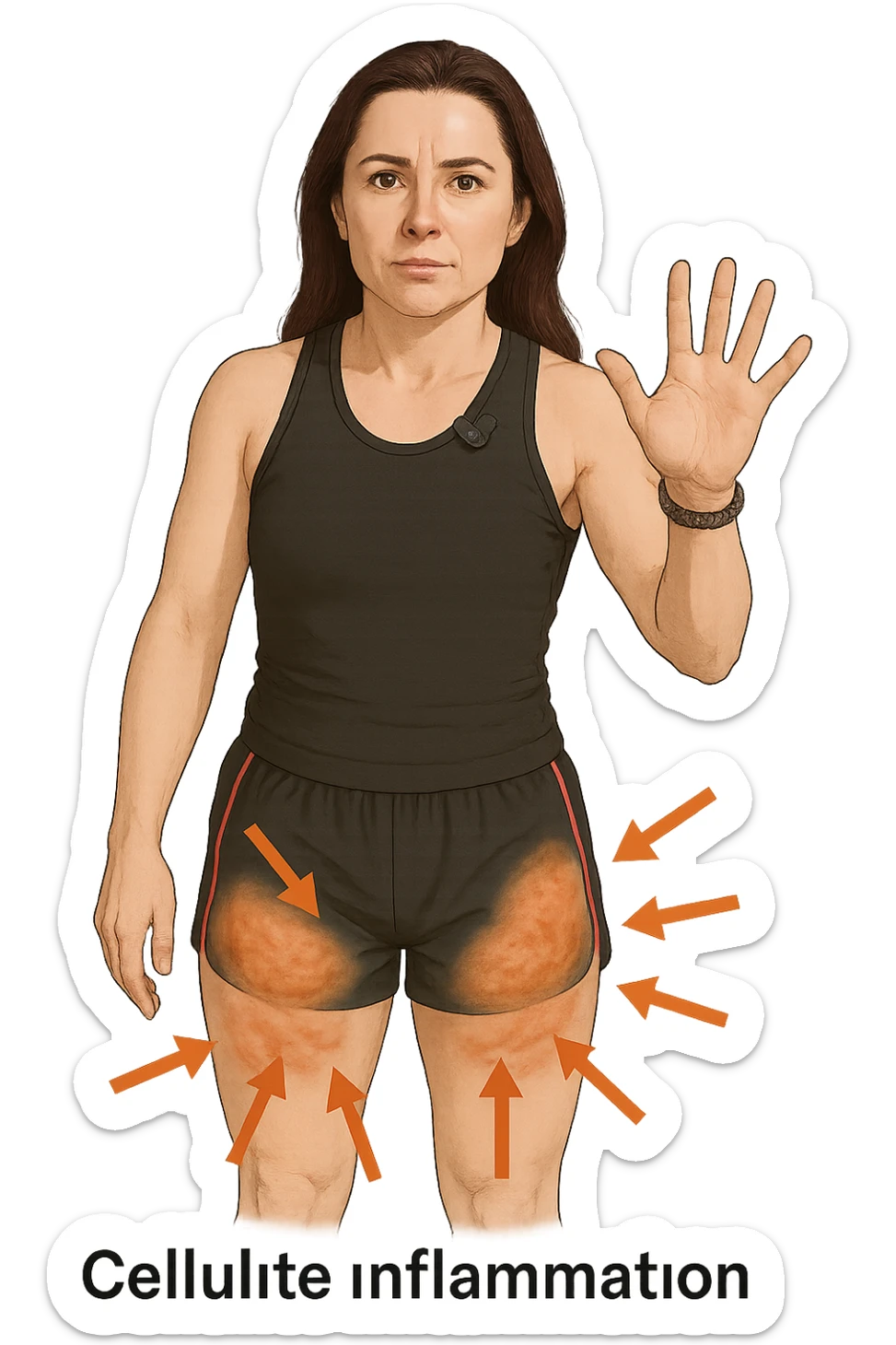 Donna con cellulite sulle cosce indica le cosce che sono infiammate di cellulite con frecce ad indicare  sticker
