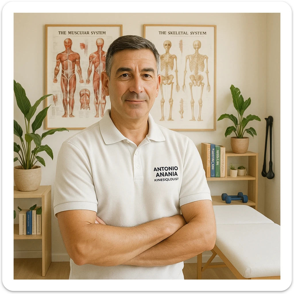 Create a photo-realistic illustration of a middle-aged male kinesiologist named Antonio Anania in his private studio. He has a calm, confident expression and wears a fitted polo shirt or lab coat. The studio is bright and minimalistic, with wooden elements, anatomical posters, and natural plants. Books on kinesiology, anatomy, and natural health are neatly displayed. A massage table and exercise equipment are in the background. The style should be clean with natural light, professional but warm atmosphere. The face and features should closely resemble the person in the reference image. sticker