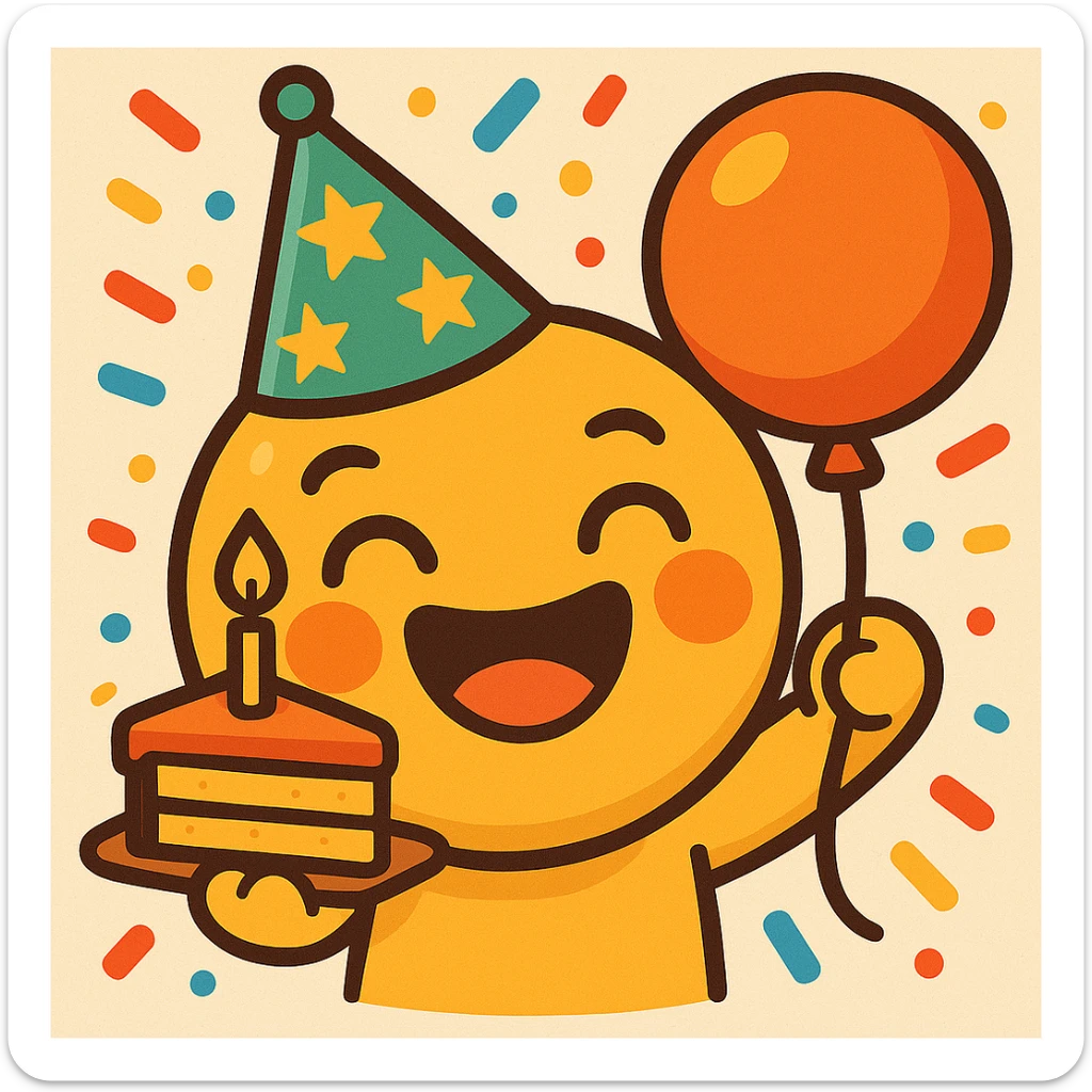 Change the party hat to green with orange stars, keep the rest of the emoji the same, bright cartoon style with confetti background. sticker
