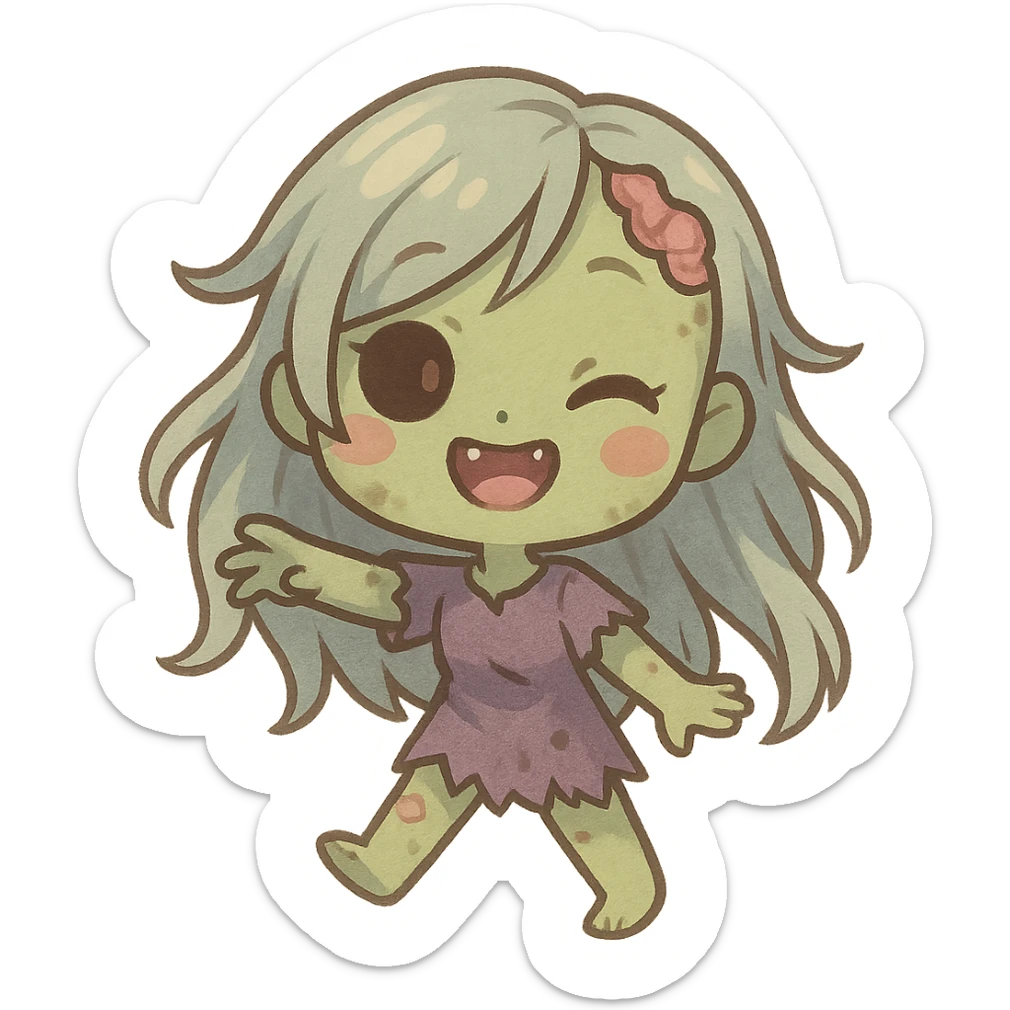 a zombie girl with long wispy hair, playful chibi style, cute and small proportions sticker
