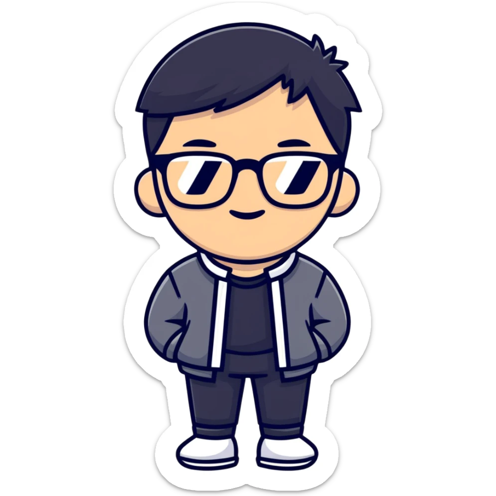 Casual Asian male character with glasses and stylish outfit sticker