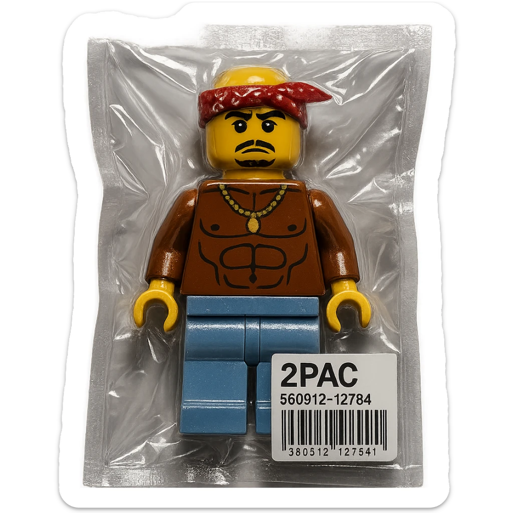 Lego minifigure of 2Pac, with signature bandana and West Coast style, glossy sticker