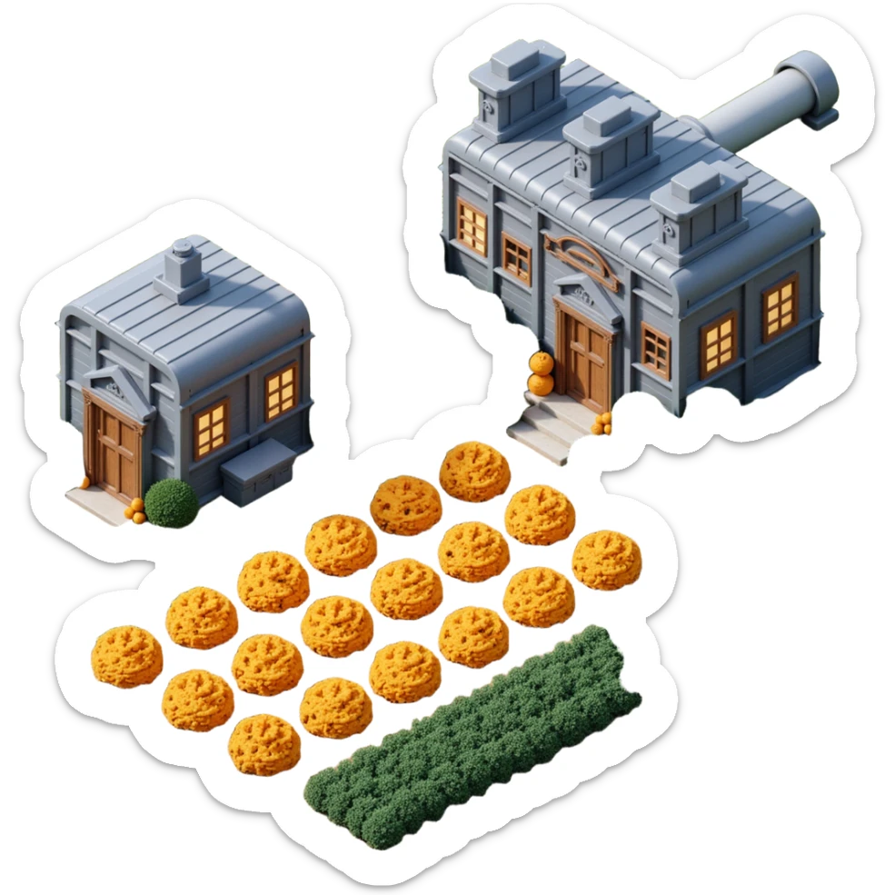 Exterior view of a modern robotic farm with metallic buildings, automated harvest bots in the fields, glowing pipes and mechanical arms, cookie plants growing in neat rows sticker