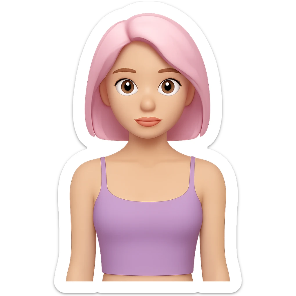 Tight cropped cami on a woman, very fitted, minimal, clean, fashion style, lavender color, apple emoji style look, no background. sticker