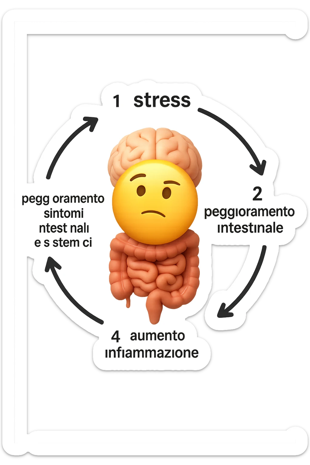 EMOJI STILE IPHONE 3D DI un cerchio con queste scritte che girano intorno in ordine per come li ho scritti "1. stress → 2. peggioramento intestinale → 3. aumento infiammazione → 4. peggioramento sintomi intestinali e sistemici." al centro del cerchio metti un cervello e intestino umani collegati verticalmente con espressione dubbiosa in volto, FALLO MOLTO REALISTICO IN 3D sticker