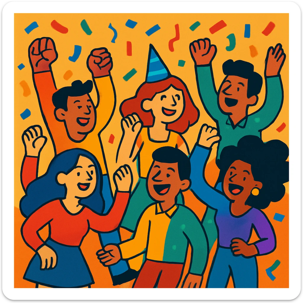 a group of people dancing and celebrating at a party, confetti in the air, vibrant cartoon style sticker