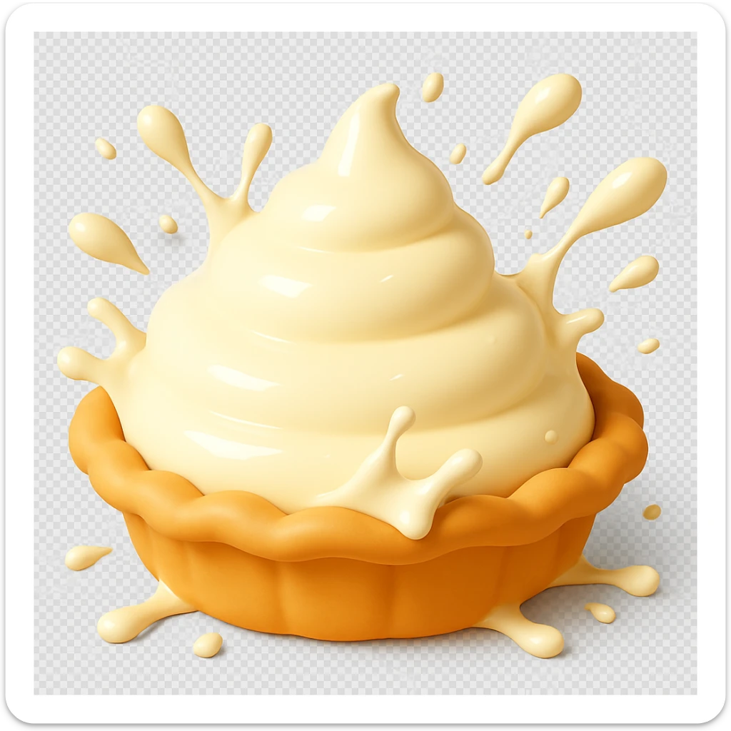 Frame 12 of 15: Cream pie with cream splatter starting to form around the pie, playful 3D emoji style, golden brown crust, same angle as reference sticker