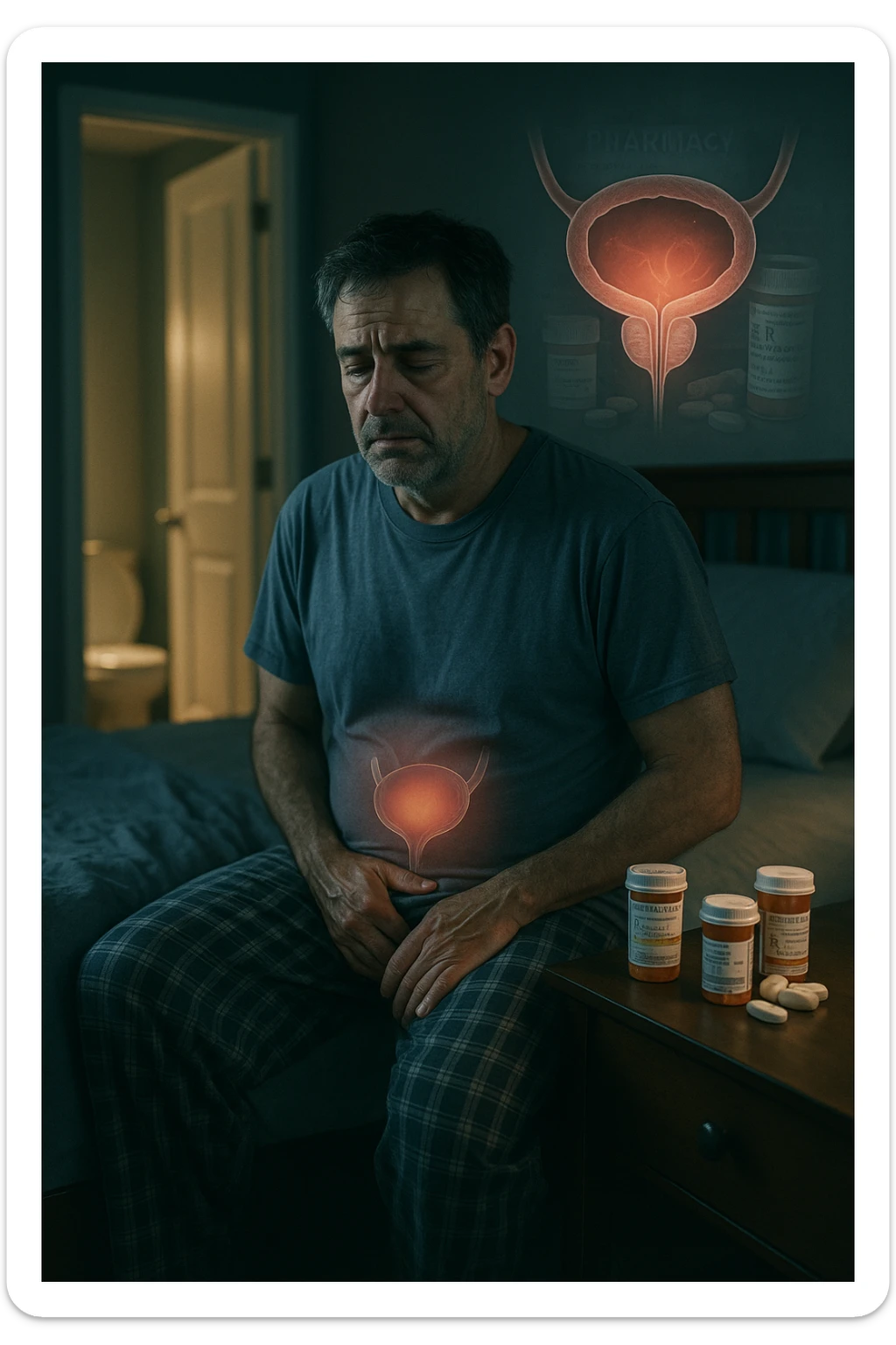 A middle-aged man sits on the edge of his bed in a dimly lit bedroom, looking exhausted and frustrated. On the nightstand beside him are several prescription pill bottles, loosely organized, some open — suggesting long-term medication use. In the background, the bathroom door glows softly, partially open, with a faint reflection of the toilet visible, indicating frequent nighttime trips. The man wears a loose T-shirt and pajama pants, his posture slightly curved as he gently touches his lower abdomen, symbolizing bladder discomfort. His eyes have dark circles, his expression is drained. The color palette is muted blues and greys, with a cinematic soft focus and ambient light highlighting emotional fatigue. A subtle overlay of pill labels and bladder imagery could be added for educational use. sticker