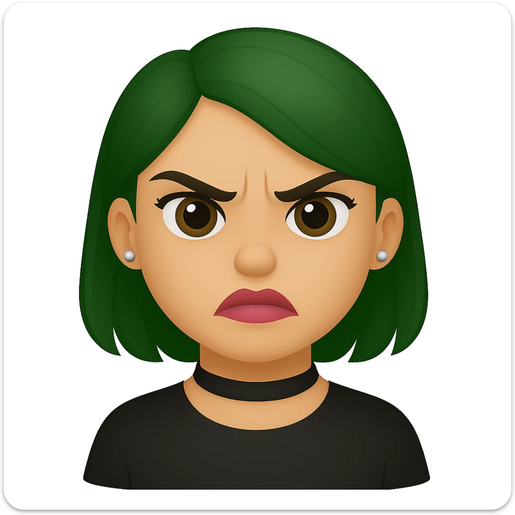 Create an emoji style image of a girl with green hair and an angry expression. She has hazel eyes, lipstick blended with nude and pink, silver stud earrings, and a choker necklace. sticker