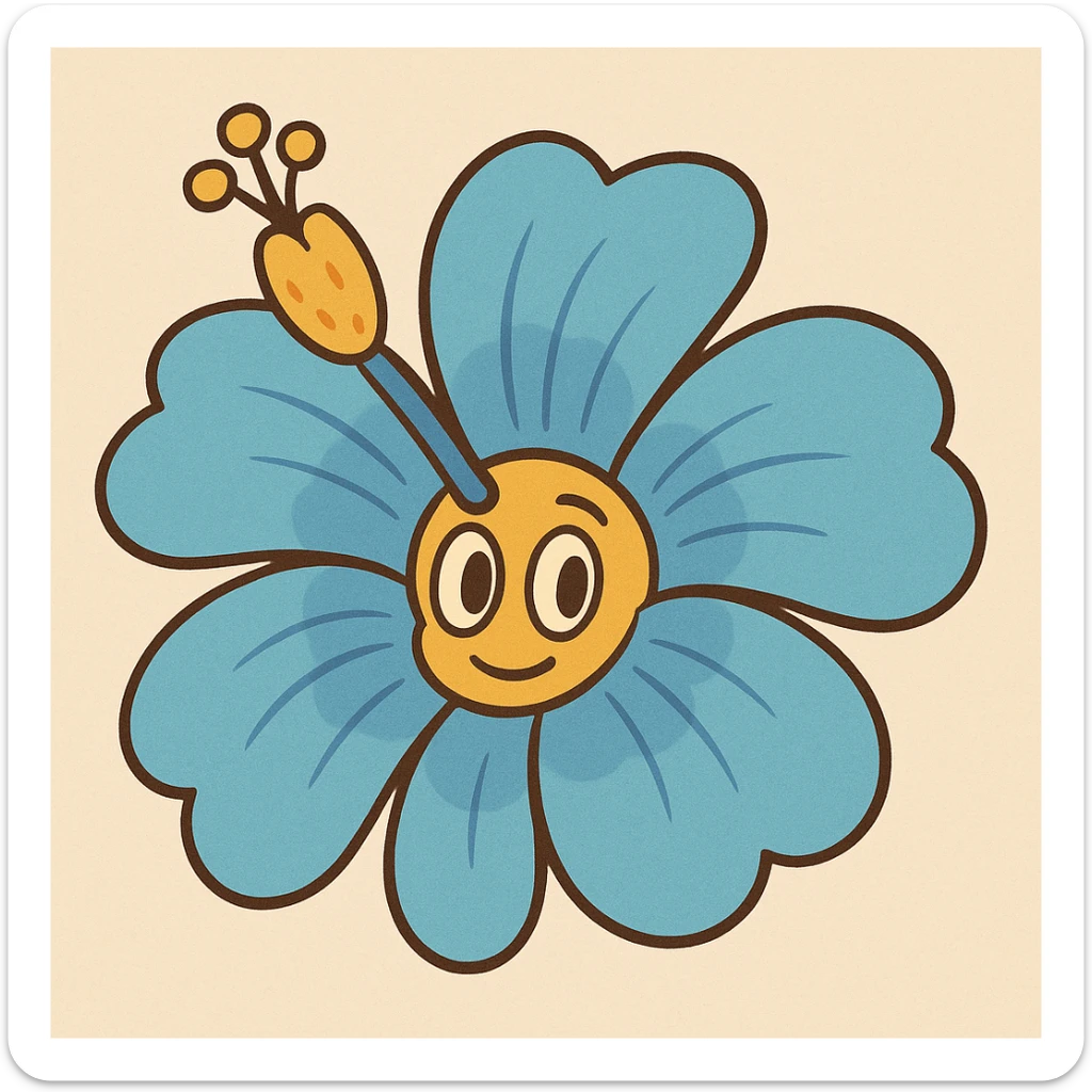 cartoon style blue Hawaiian flower with yellow center, soft lines and bright colors sticker