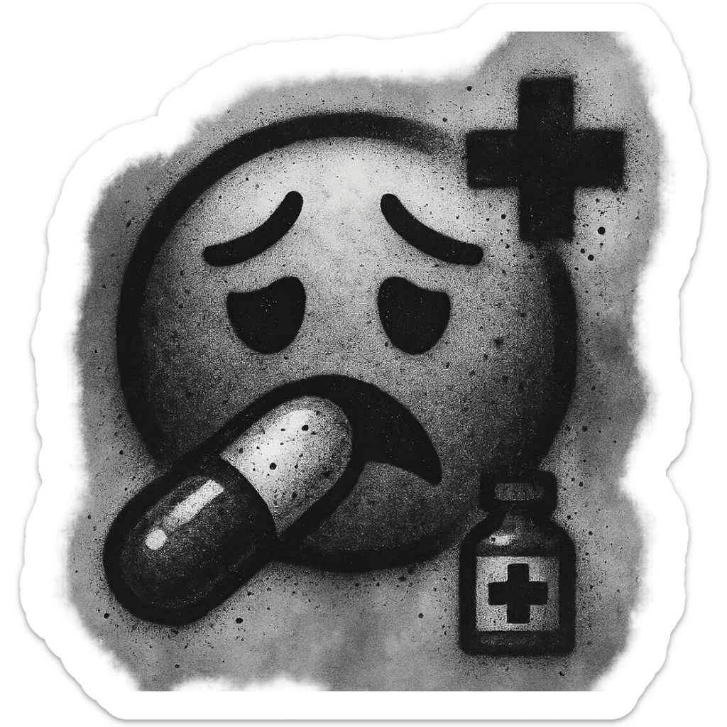 graffiti emoji, medicine theme, humid and foggy atmosphere, monochromatic colors, high contrast, bold and striking spray paint effects, modern style sticker