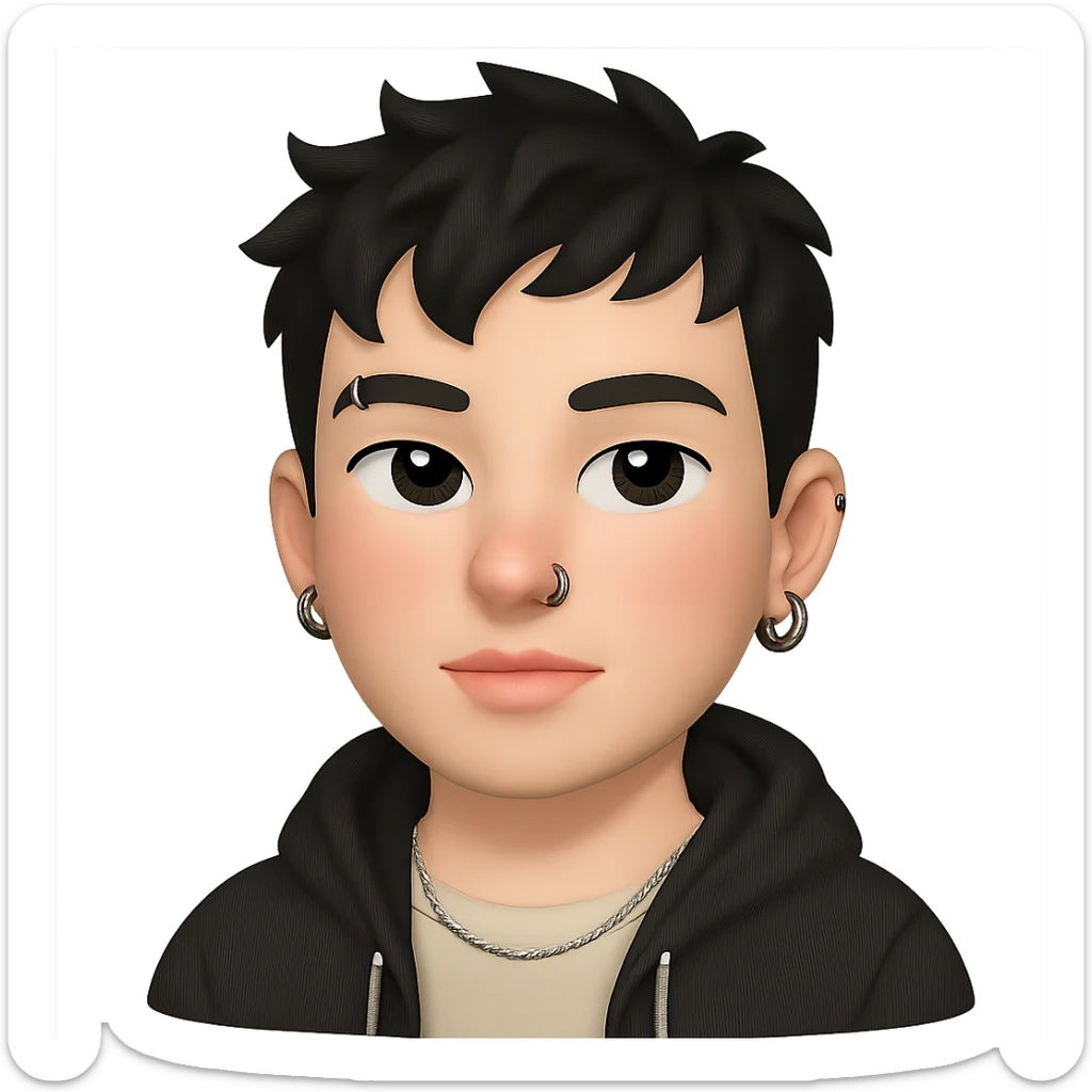 AI emoji avatar of a modern young man with short tousled black hair, fair flushed skin, pink lips, nose and eyebrow piercings, silver earrings, thin chain necklace, casual trendy outfit like hoodie or jacket over t-shirt, neutral confident look, soft cartoonish realistic style, focus on face and accessories sticker