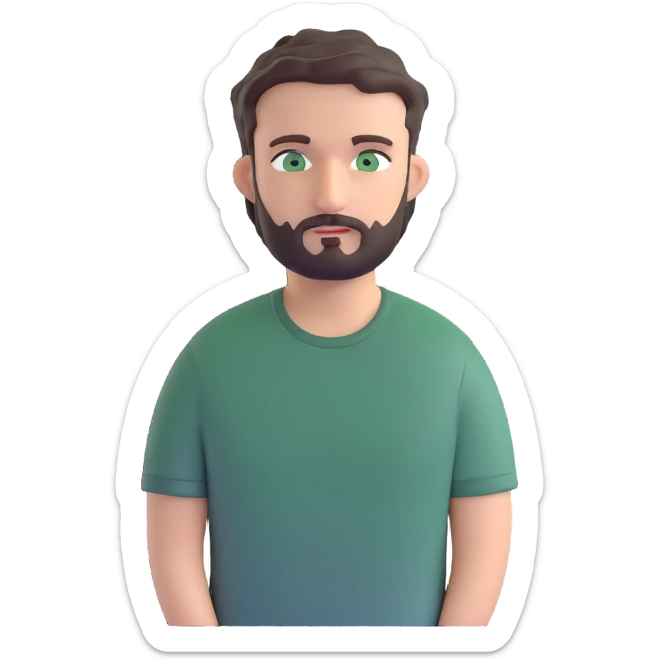 man with dark messy short hair, dark green eyes, gray T-shirt, and short beard sticker
