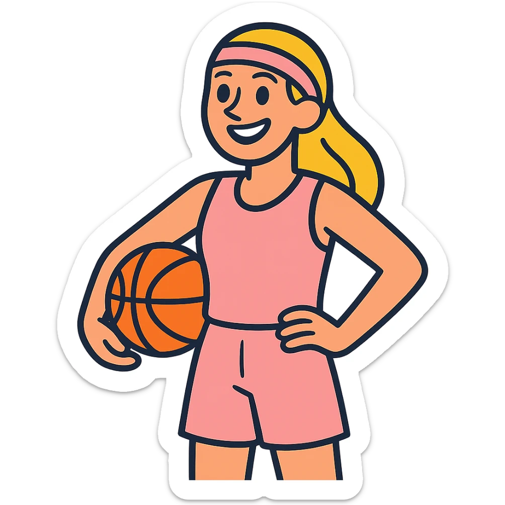 blonde white female basketball player wearing pastel pink basketball uniform holding orange basketball on hip smiling vibrant toon style no text sticker