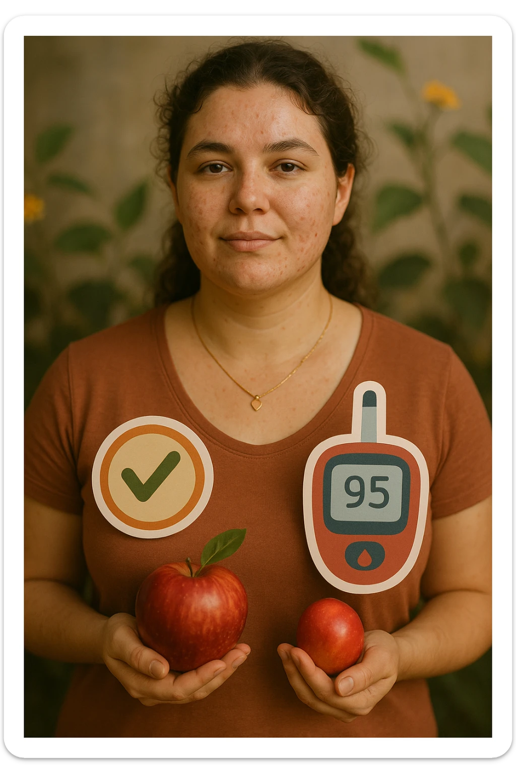 realistic cinematic portrait of a woman with PCOS, stable blood sugar thanks to proper nutrition, serene expression, symbols of health and well-being, vertical 2:3 aspect ratio, very few text sticker