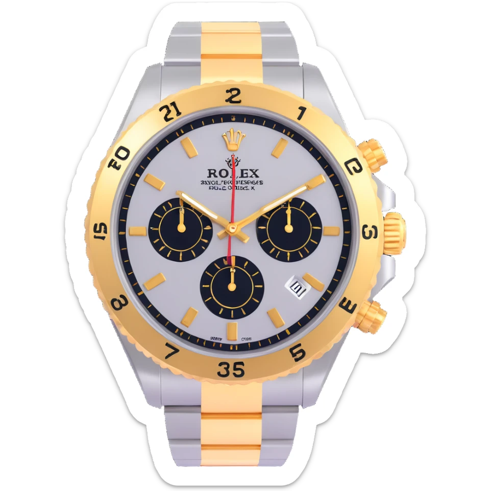 close-up of a Rolex watch face, 3D style, shiny, gold and silver, luxury details, no text sticker