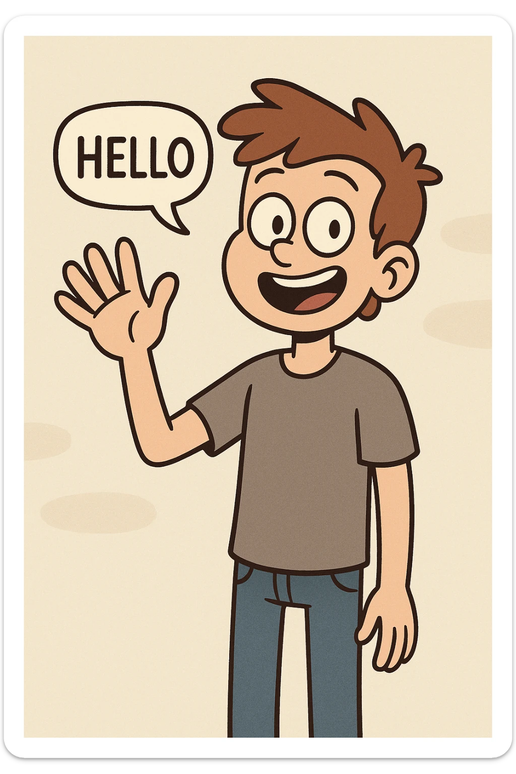 A boy grey shirt blue jeans a hand say hello  sticker